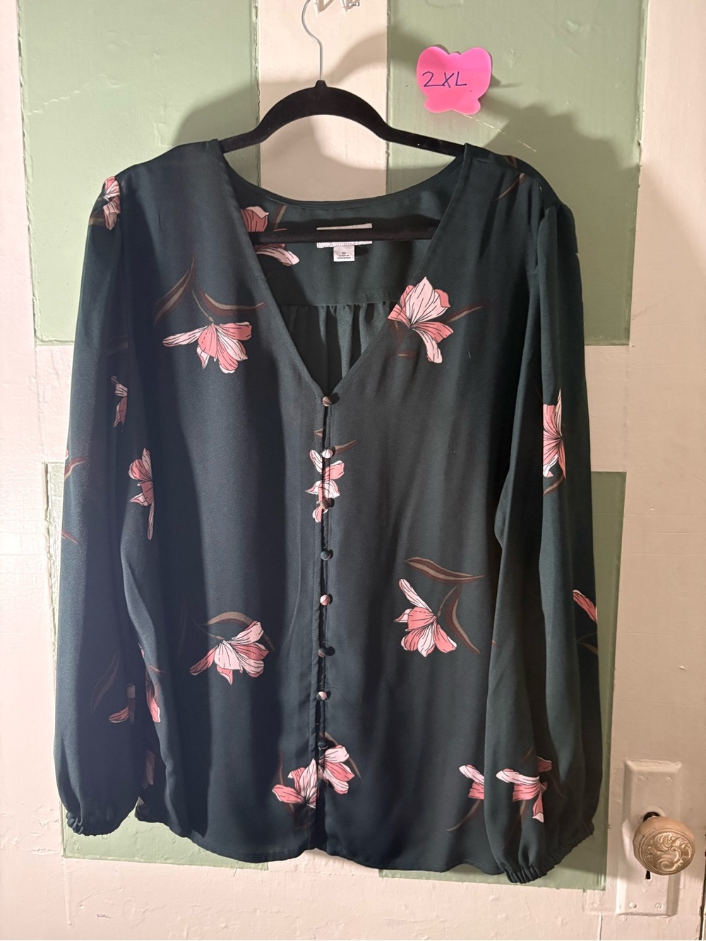 Women's Floral V-Neck Button Front Blouse - Dark Green with Pink Flowers